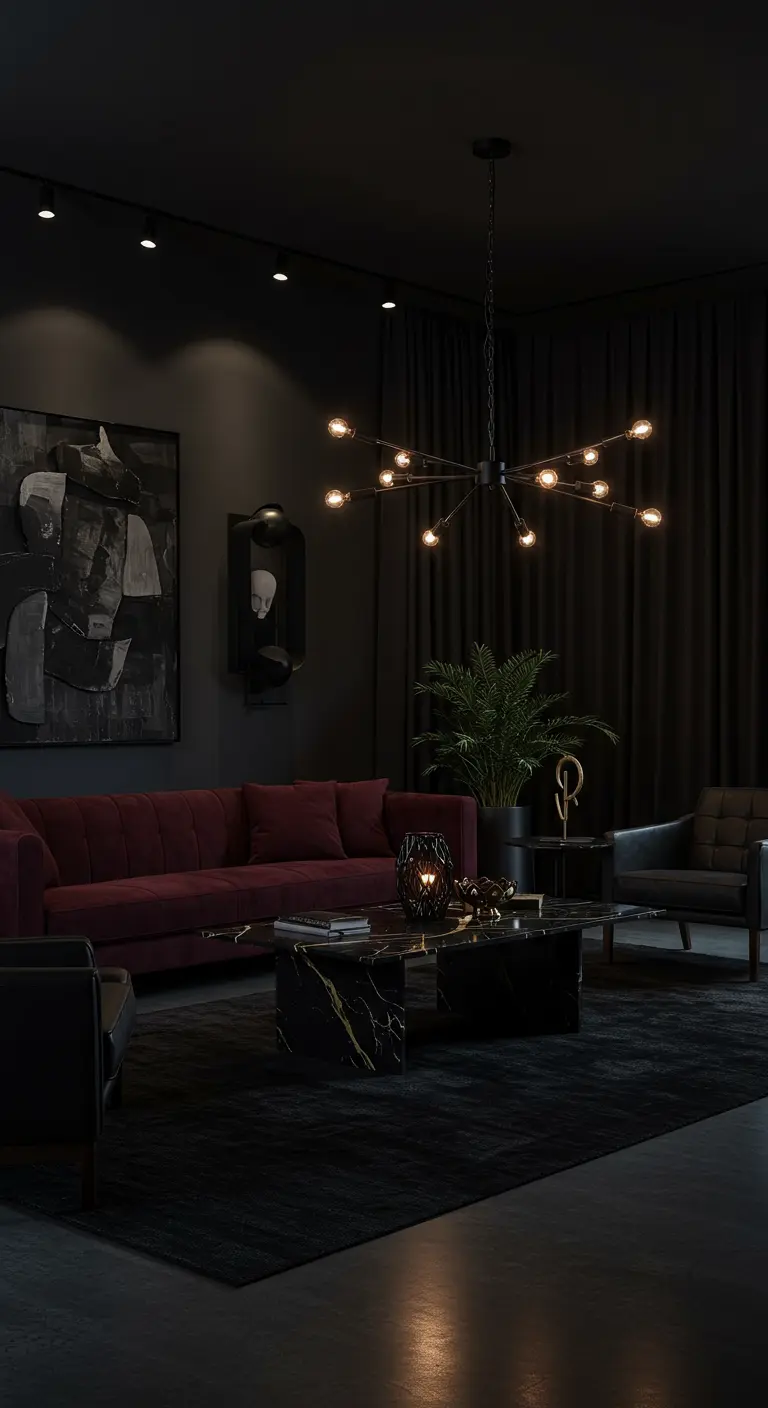 Donkere, luxe woonkamer met bordeauxrode fluwelen bank, marmeren salontafel en zwarte gordijnen.