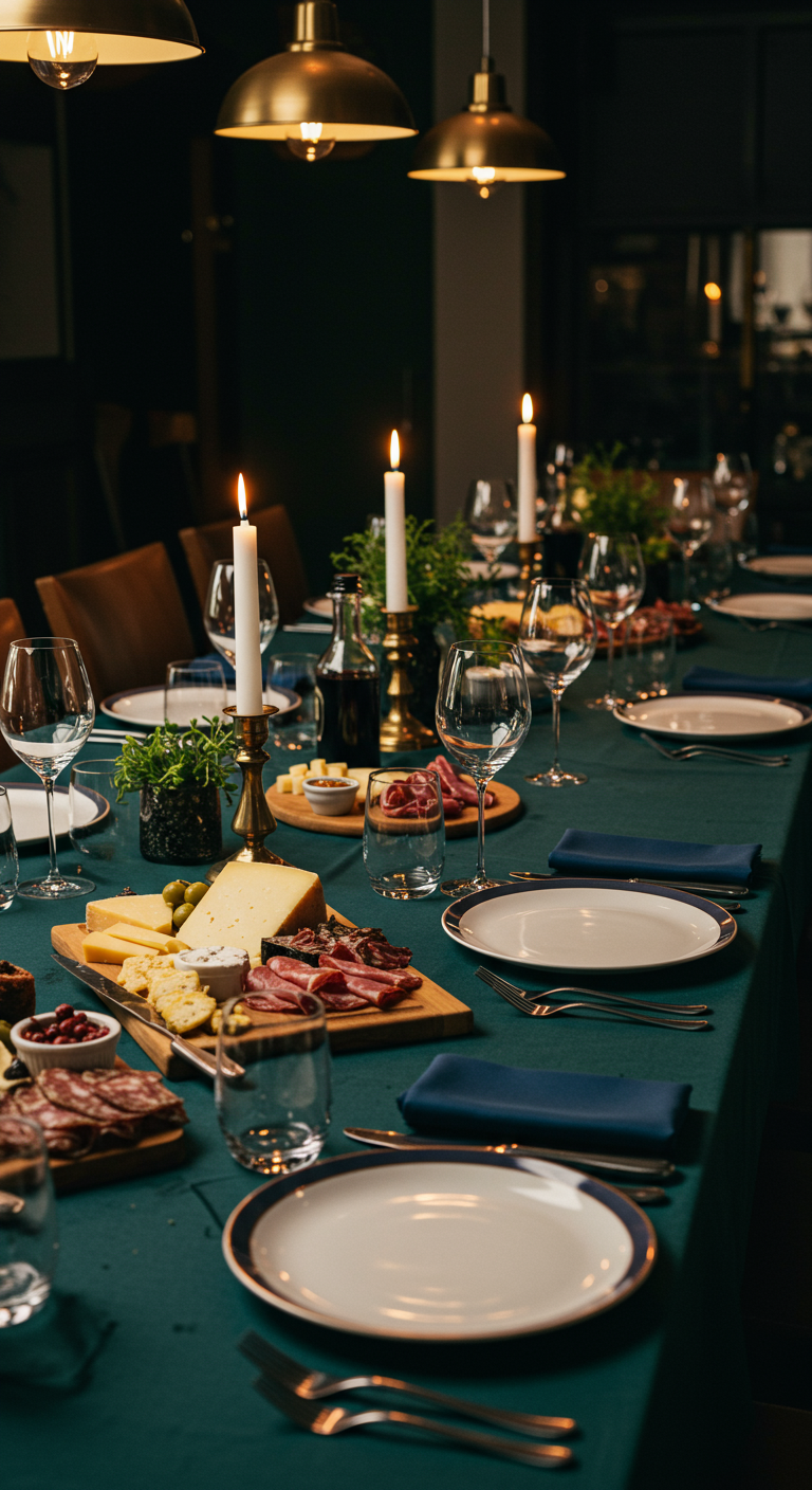 Rijkgevulde bourgondische tafel met kaasplanken, donkergroen linnen en kaarslicht.