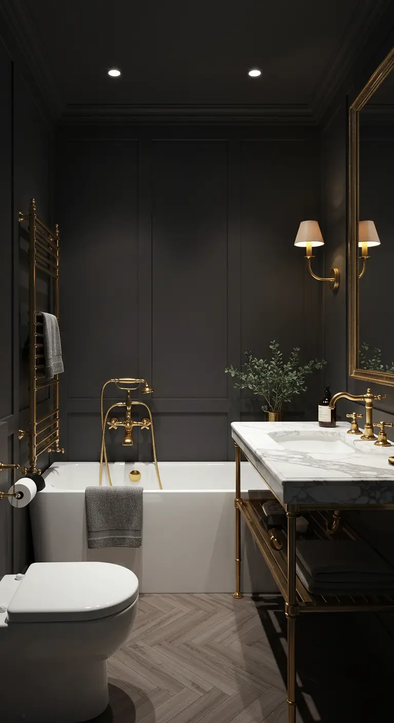 Donkere badkamer met gouden kranen, marmeren wastafelblad en klassieke details.