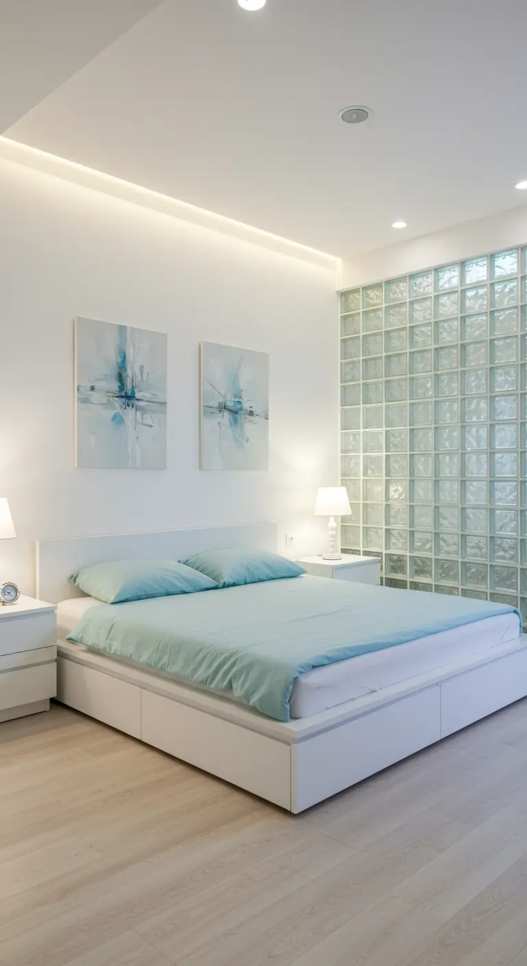 Slaapkamer met een accentmuur van verlichte glazen bouwstenen.