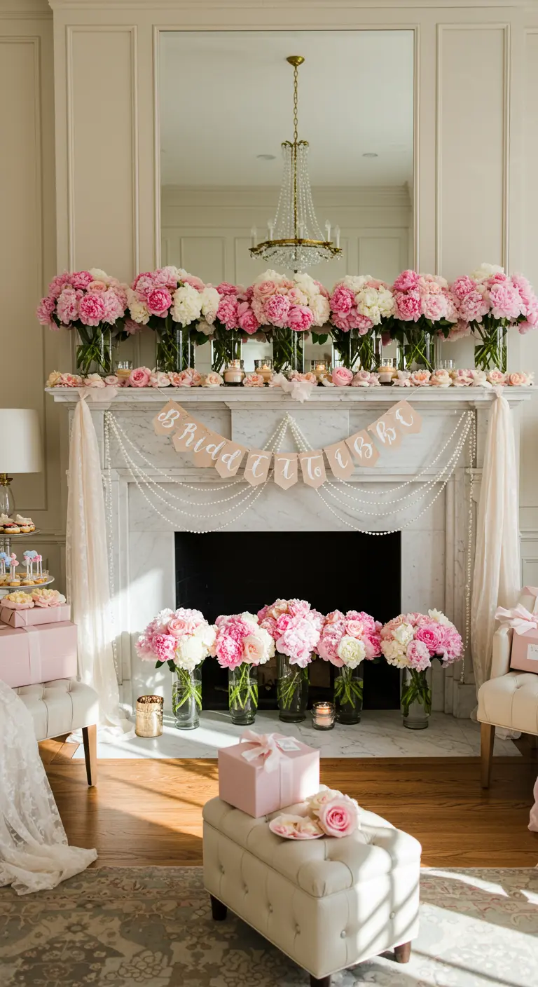 Prachtig versierde schouw voor een bridal shower met roze pioenrozen en parelslingers.