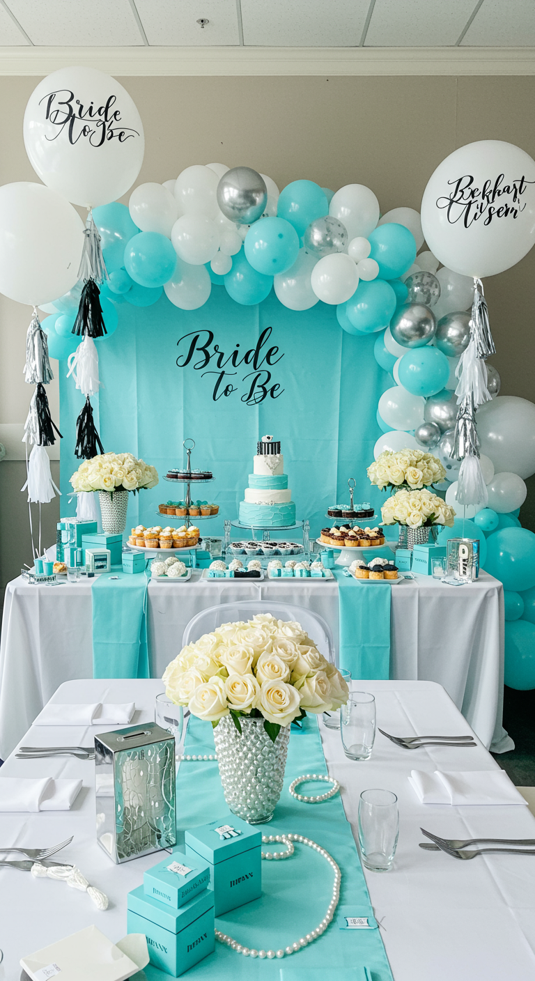 Tiffany blauwe en witte ballonnenboog voor een bridal shower met sweet table.