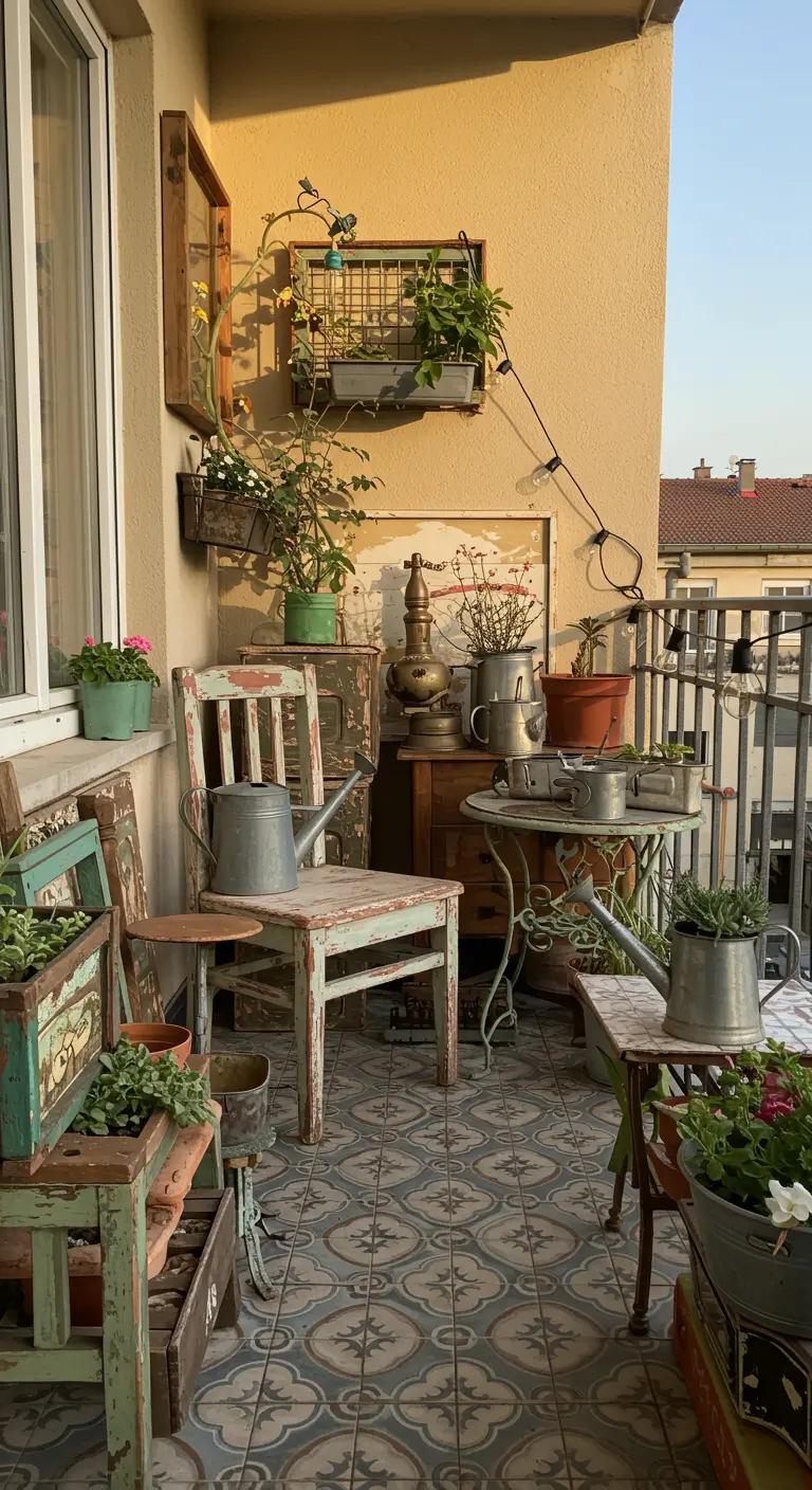 Brocante balkon met vintage meubels, veel planten en decoratieve tegels.