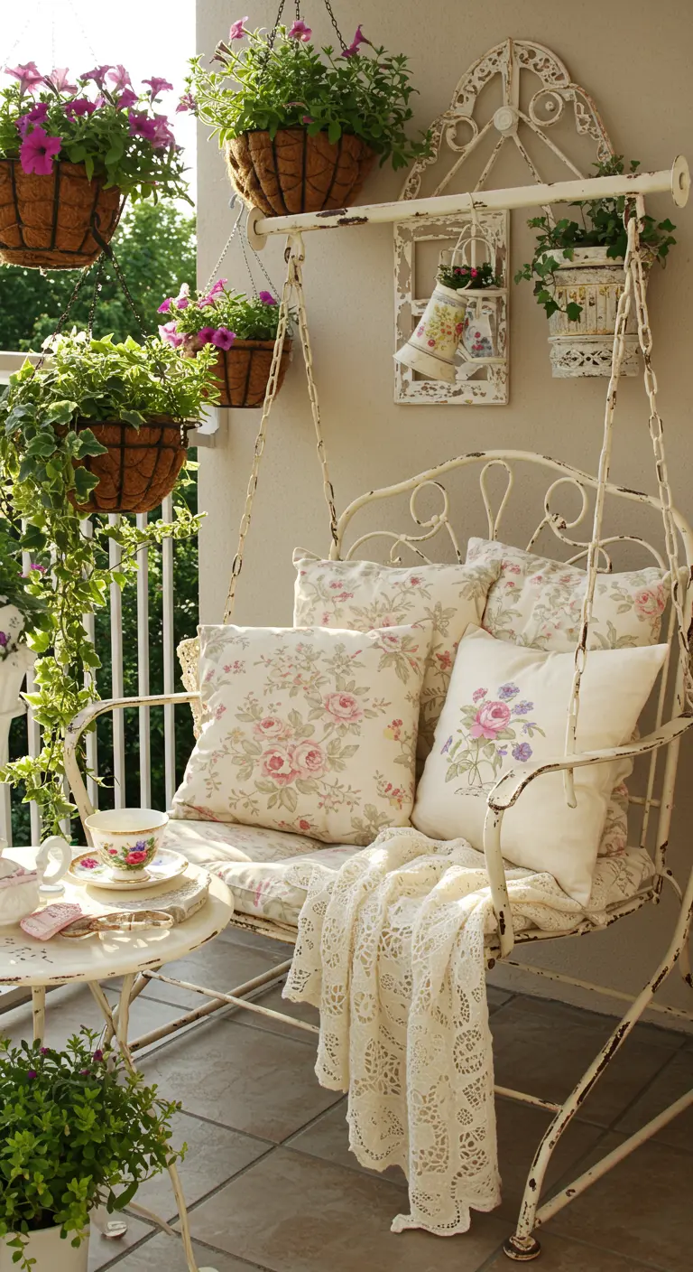 Witte metalen brocante schommelbank met bloemenkussens en hangplanten op een balkon.