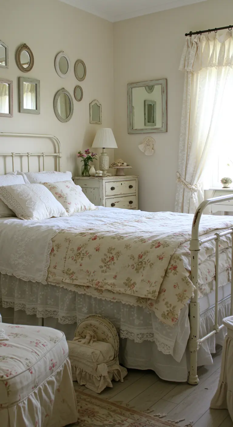 Shabby chic logeerkamer met wit metalen bed, brocante kastje en kanten details.