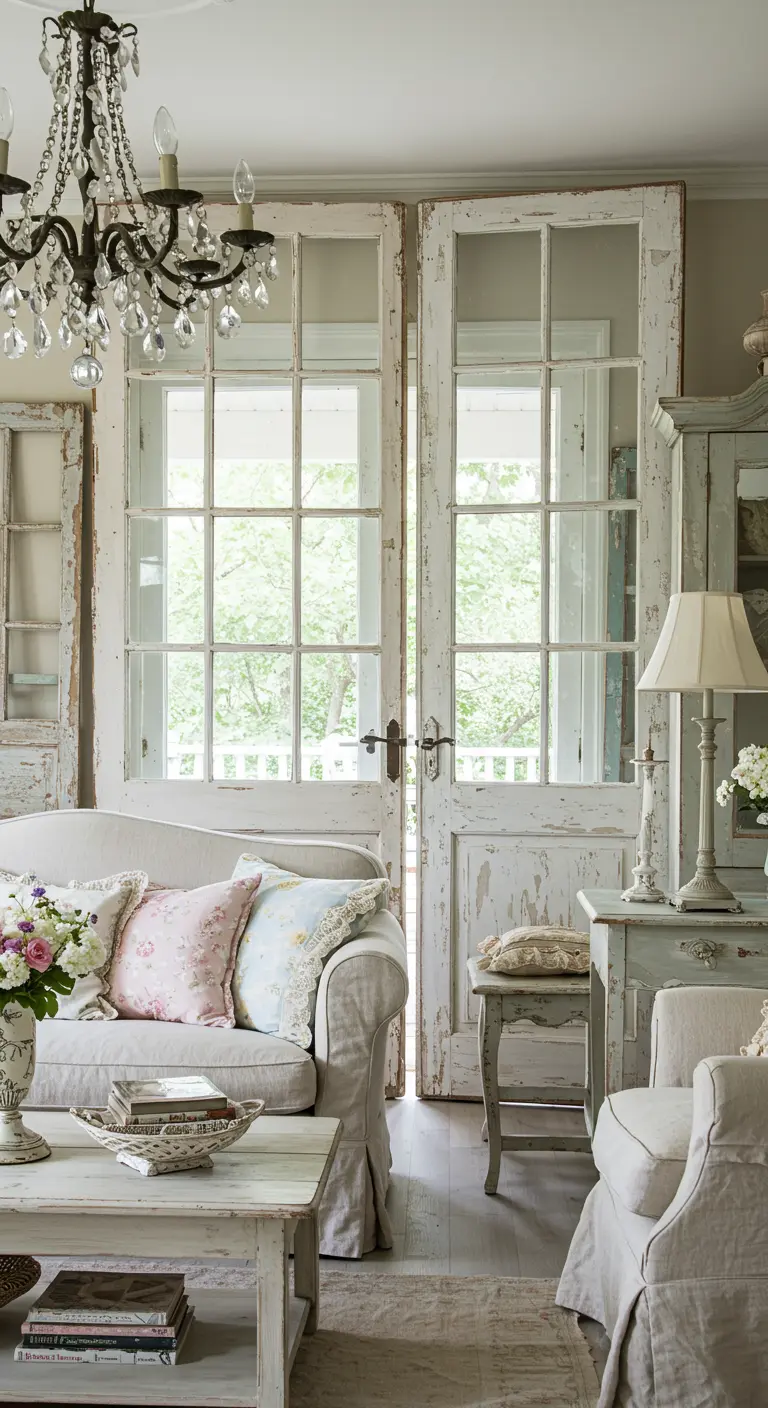 Verweerde witte Franse dubbele deuren met glas-in-roede in een shabby chic interieur.