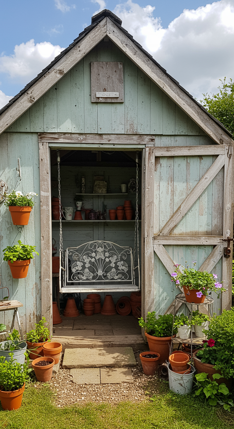 Lichtblauw verweerd tuinhuisje met metalen schommelbank en veel terracotta potten.