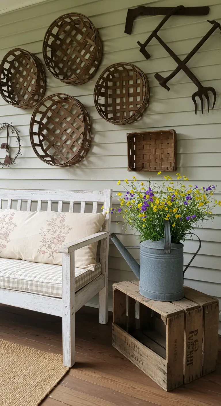 Wit landelijk bankje met bloemenkussen, krat als tafel en zinken gieter.