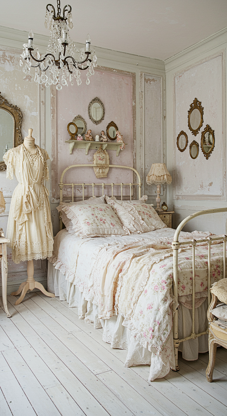 Shabby chic slaapkamer met vintage paspop en metalen bed.