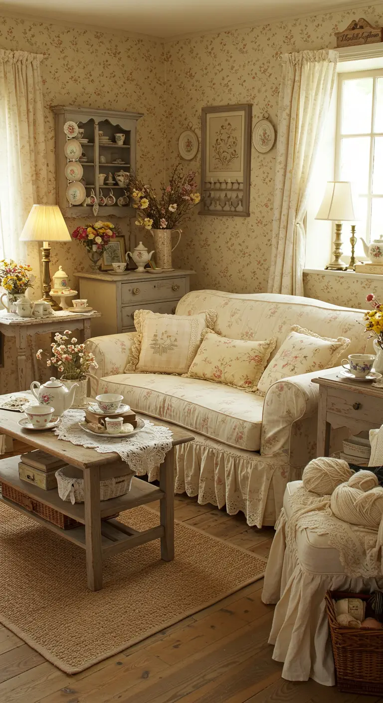 Romantische woonkamer in shabby chic stijl met bloemenprints, pastelkleuren en vintage meubels.
