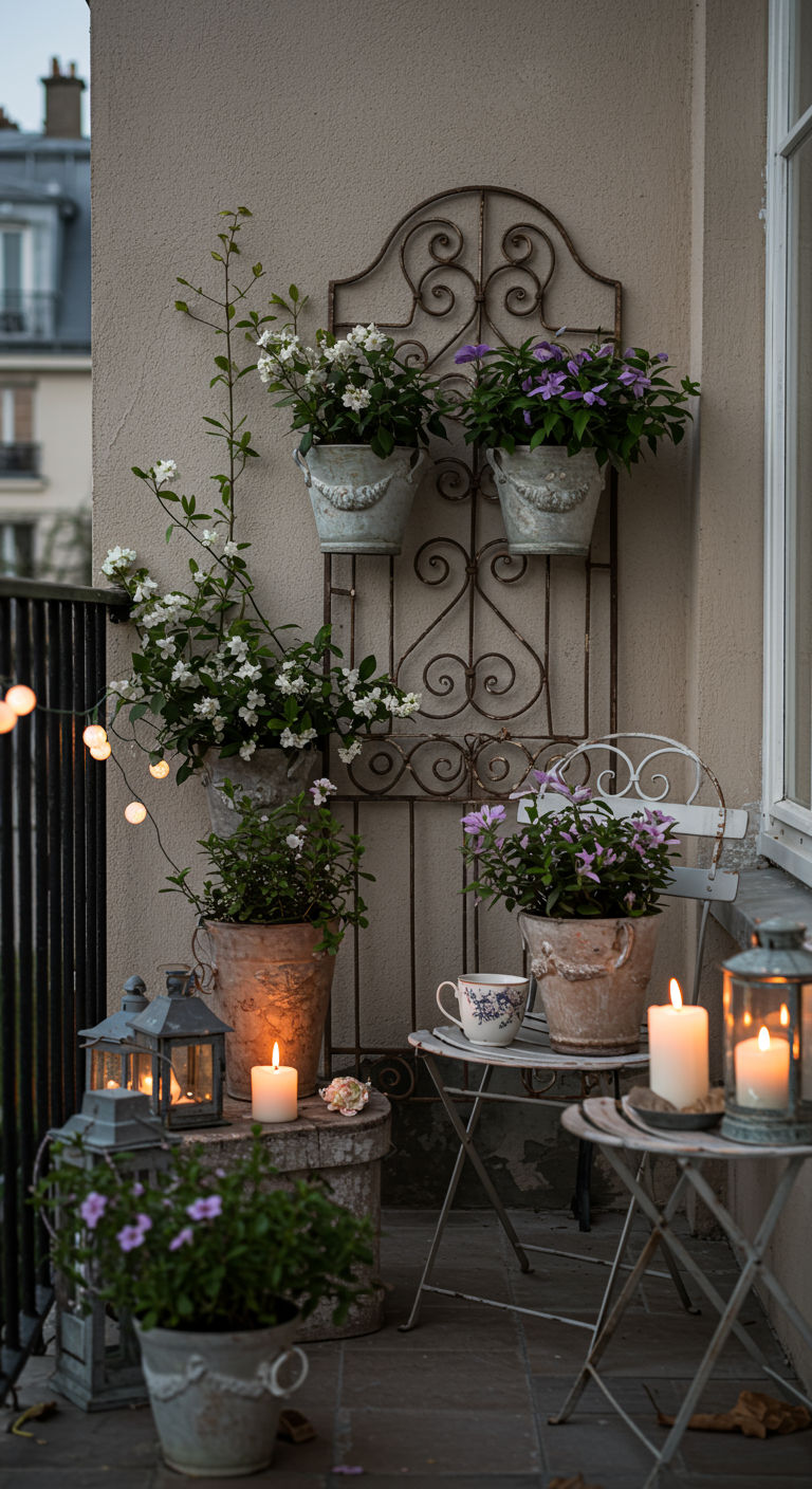 Vintage smeedijzeren plantenrek aan de muur met witte bloemen en kaarsen.