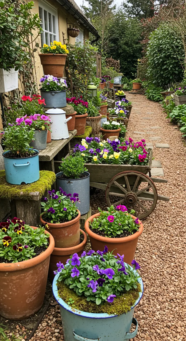Kleurrijke bloemen in diverse oude potten, emmers en een houten kruiwagen langs een tuinpad.