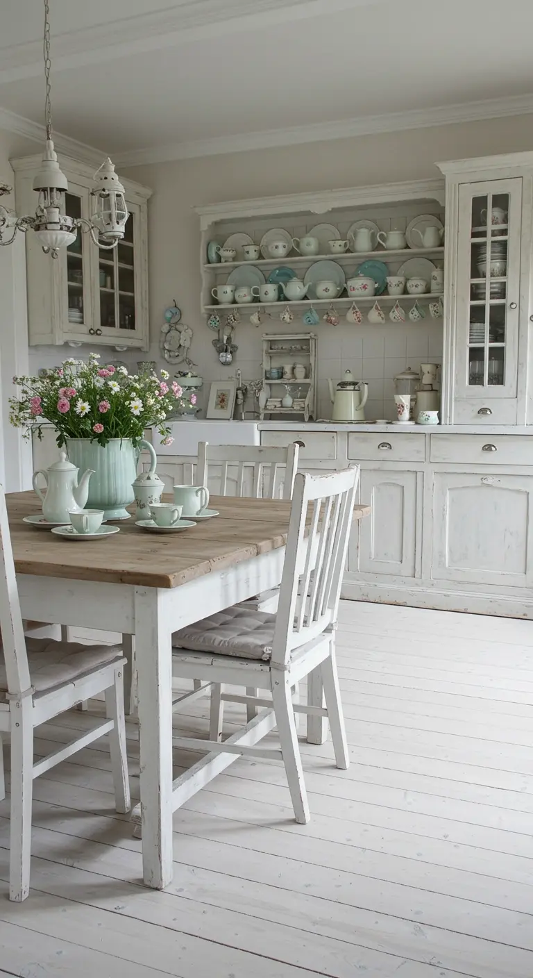 Witte brocante keuken met open planken, houten eettafel met witte stoelen en vaas met bloemen.