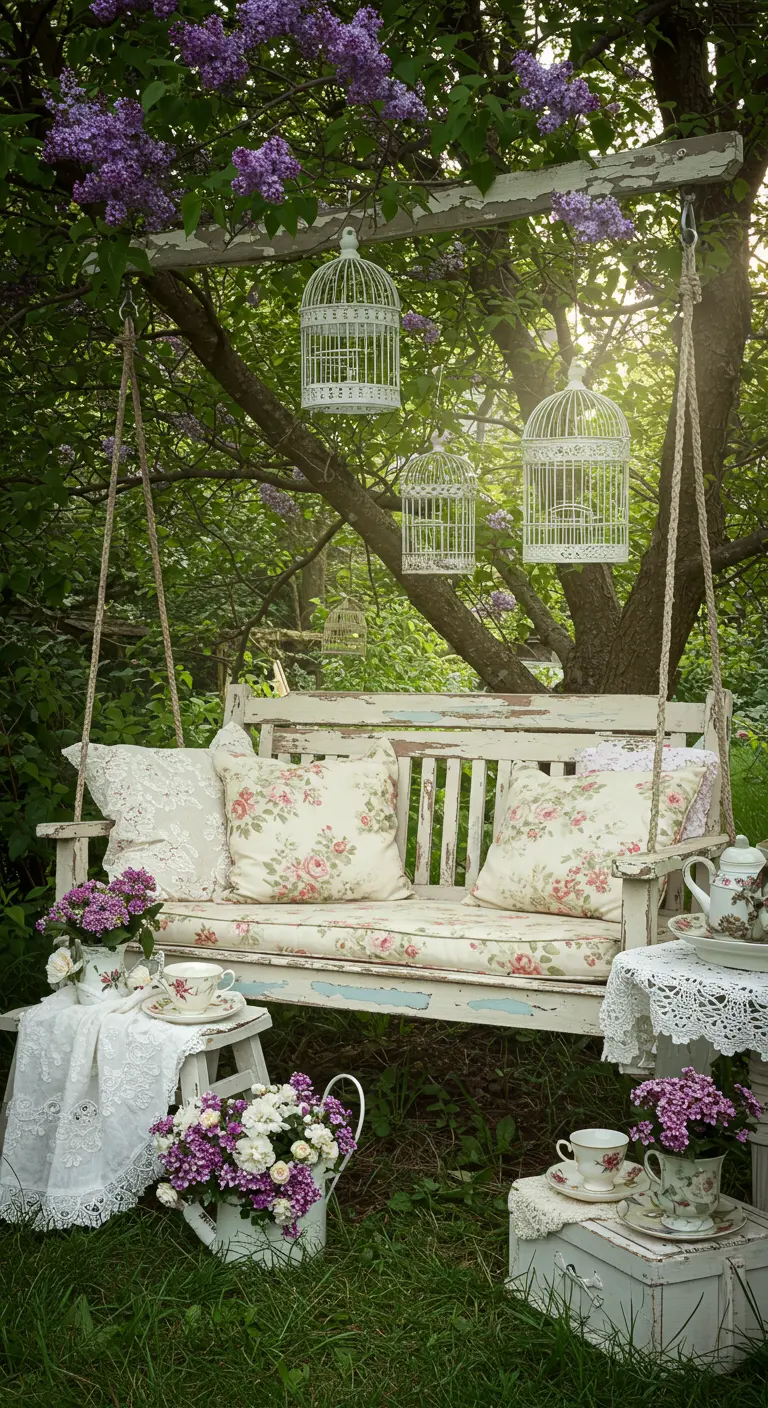 Witte houten schommelbank met brocante kussens en vogelkooitjes.