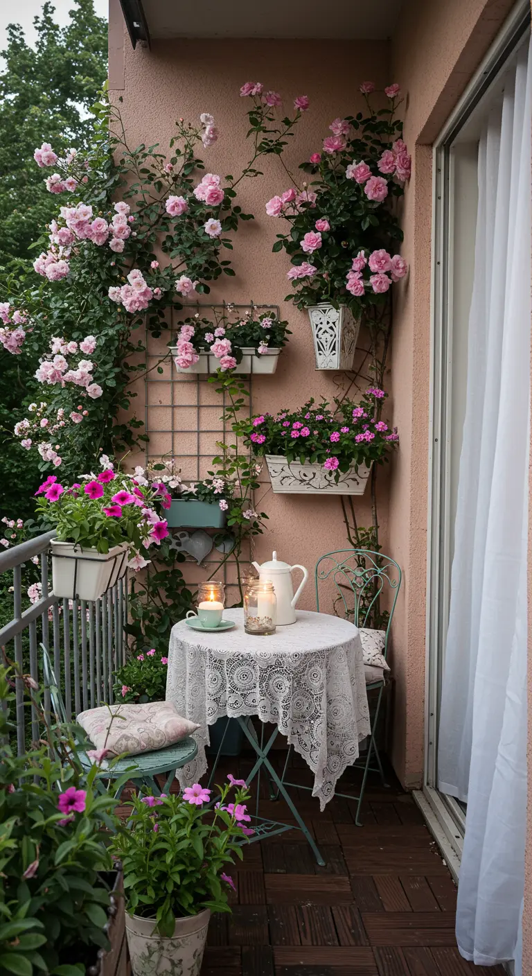 Balkon met roze klimrozen, smeedijzeren bistroset met kanten kleedje en kaarslicht.