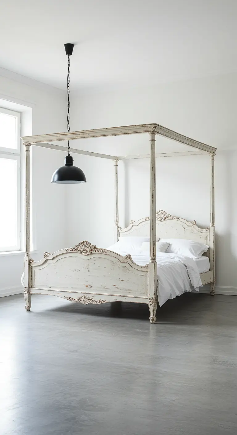 Wit brocante hemelbed in een minimalistische witte ruimte met een zwarte industriële hanglamp.