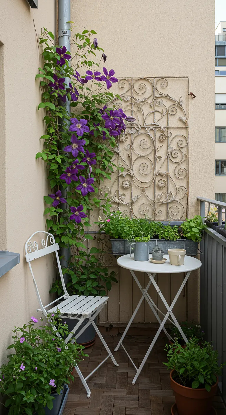 Kleine balkon met een wit bistrosetje en een klimplant tegen een sierlijk metalen hekwerk.