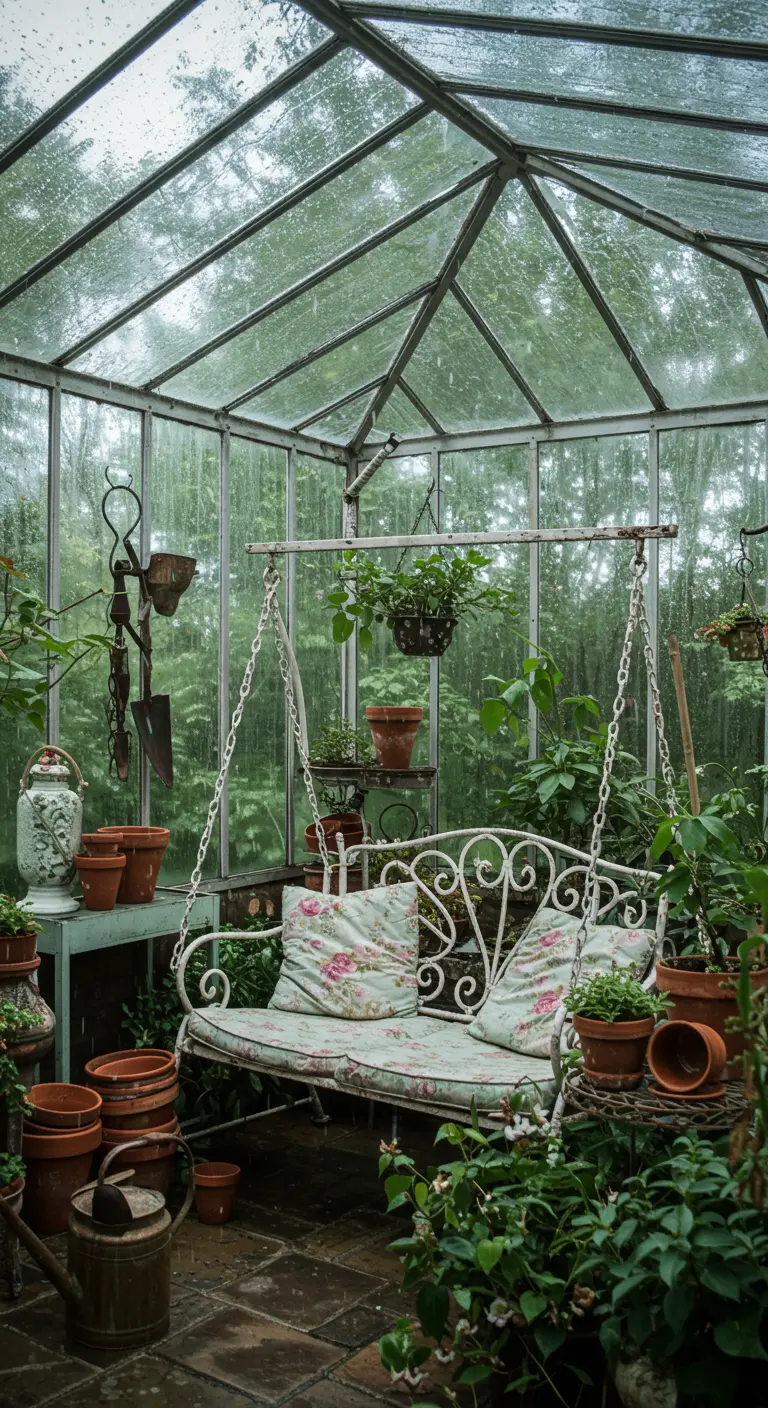 Witte metalen brocante schommelbank met bloemenkussens in een glazen kas vol planten en potten.