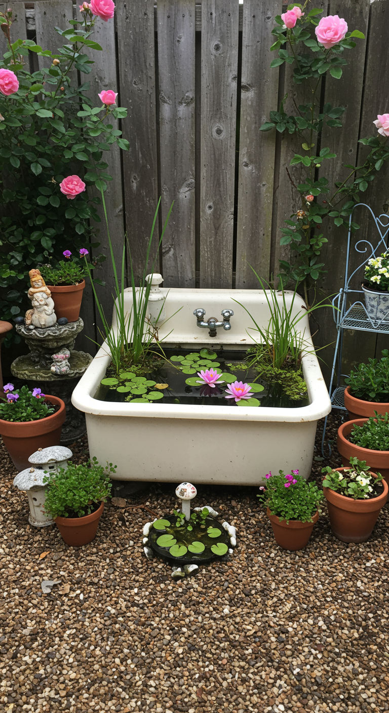 Oude witte wasbak gebruikt als minivijver met waterlelies, omringd door potplanten.