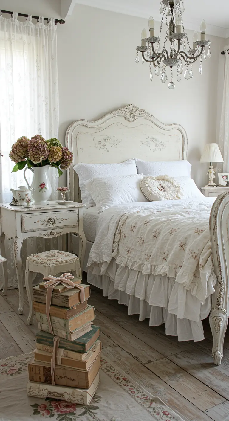 Lichte, brocante slaapkamer in wit met versleten meubels, stapel boeken en bloemen.