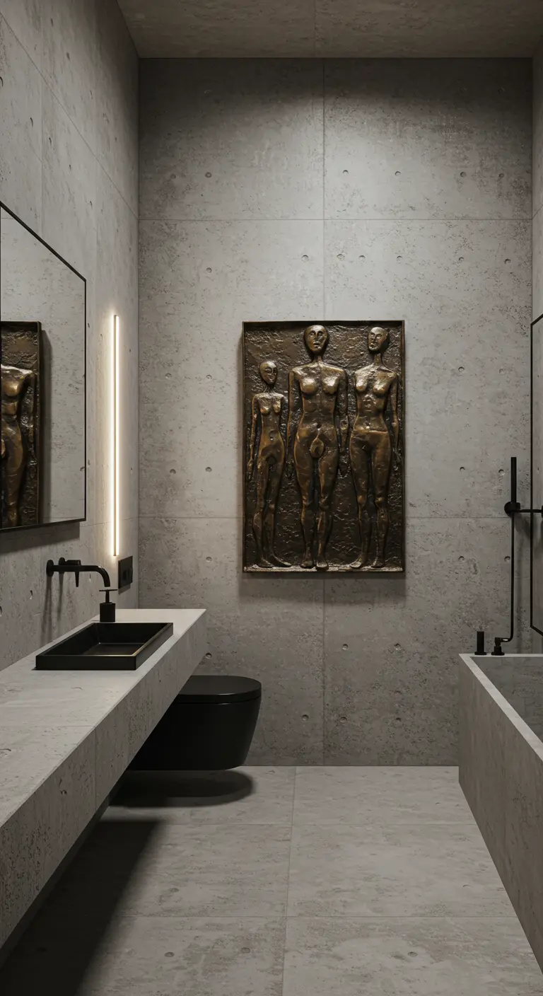 Betonnen badkamer met een bronzen reliëfsculptuur van drie figuren aan de muur.