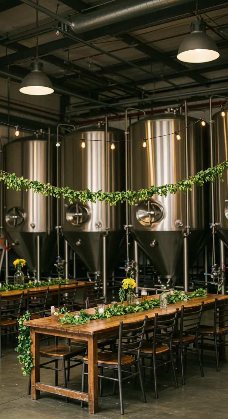 Receptie in een brouwerij met lange houten tafels, groene guirlandes en industriële ketels.