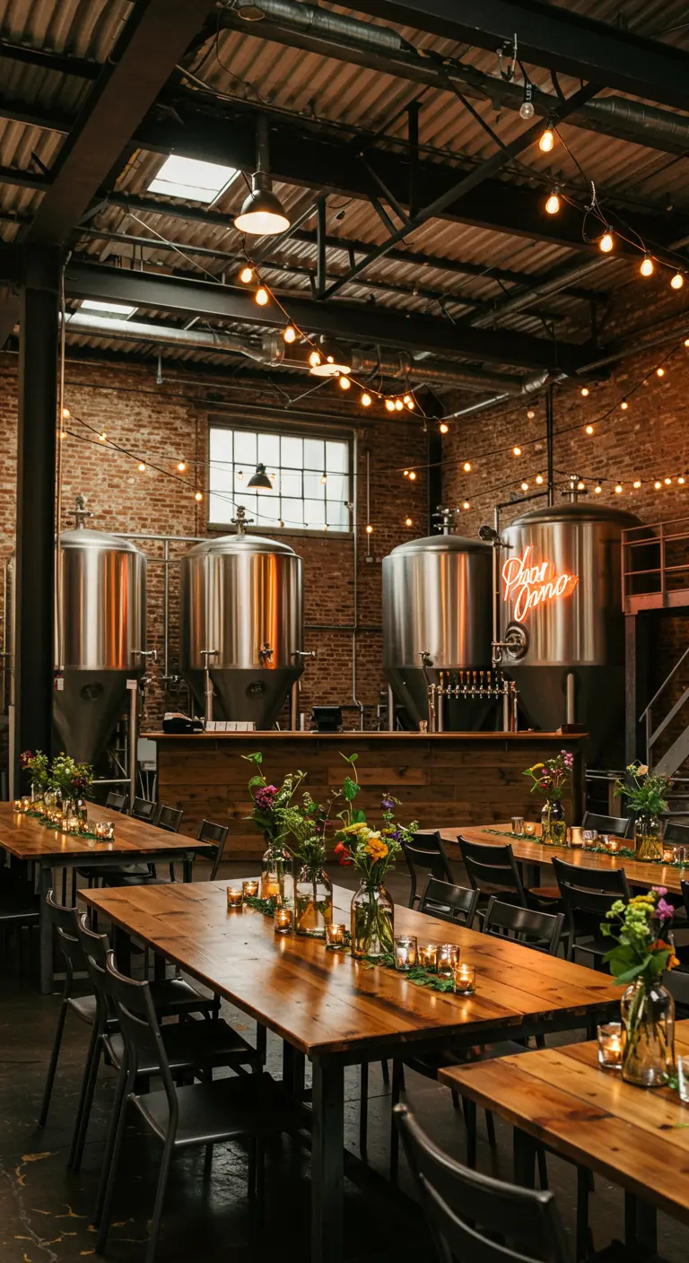Trouwreceptie in brouwerij met houten tafels, bloemen en lichtslingers.