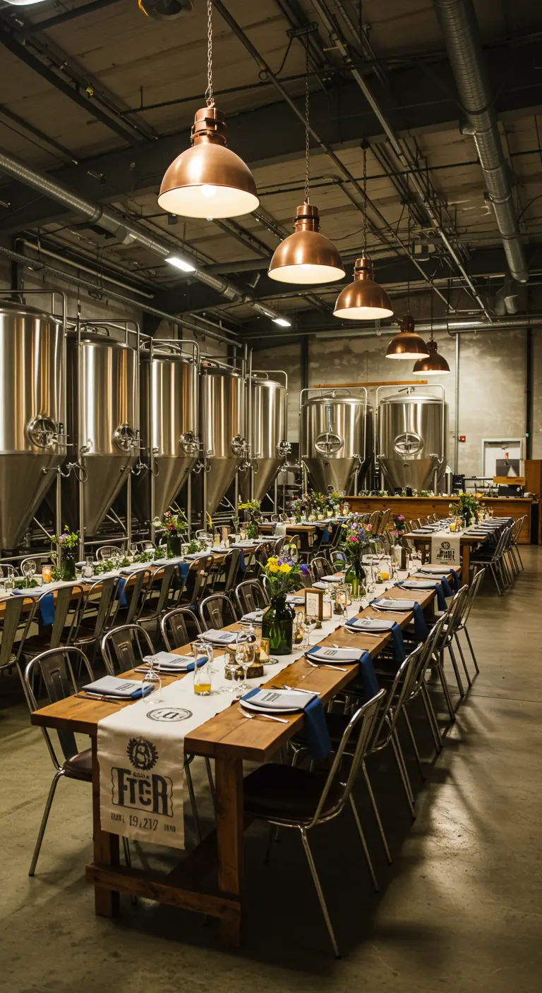 Dineropstelling in een brouwerij met lange houten tafels en industriële hanglampen.