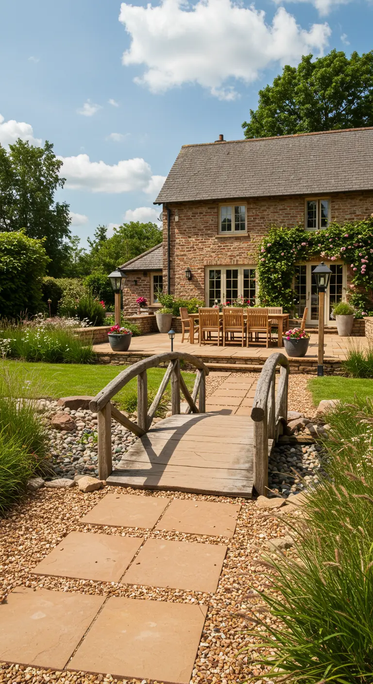 Grote landelijke tuin met stenen huis, terras, houten brug en grindpad.