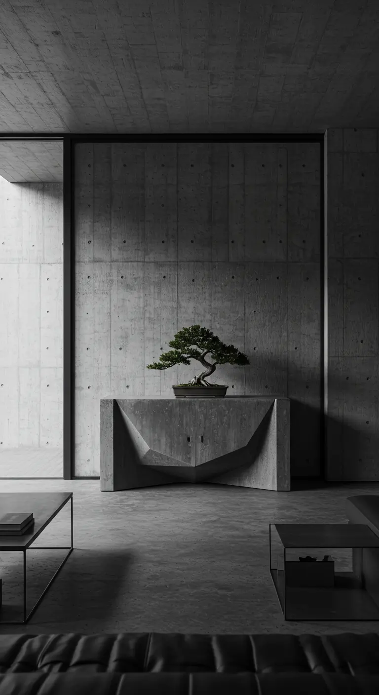 Minimalistische ruimte met een sculpturale betonnen kast met een bonsaiboompje erop.
