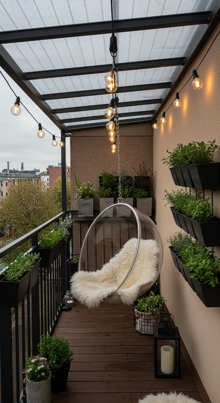 Transparante bol hangstoel onder afdak op klein balkon met planten en lichtsnoer.