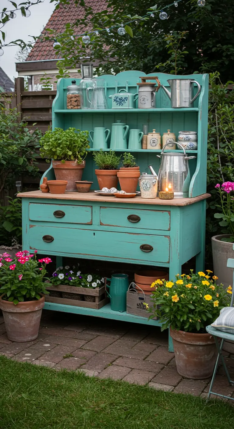 Turquoise geverfd oud dressoir in de tuin, gebruikt als display en opbergplek voor tuinartikelen.