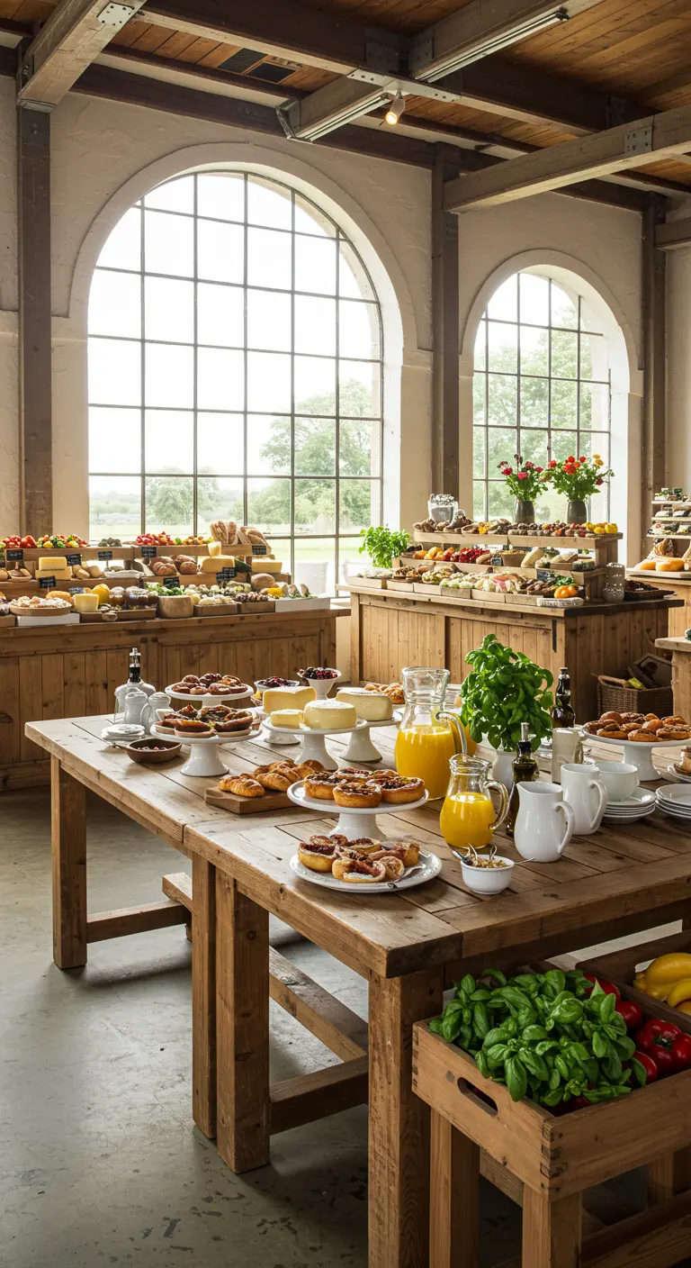 Groot buffet met houten tafels vol Italiaanse lekkernijen, basilicum en broden.