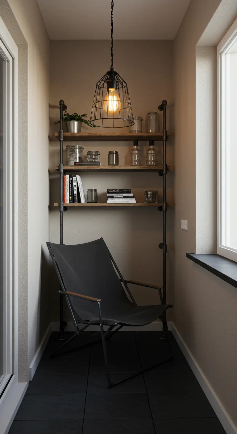 Smal balkon met metalen buizenstelling, industriële hanglamp en zwarte klapstoel.