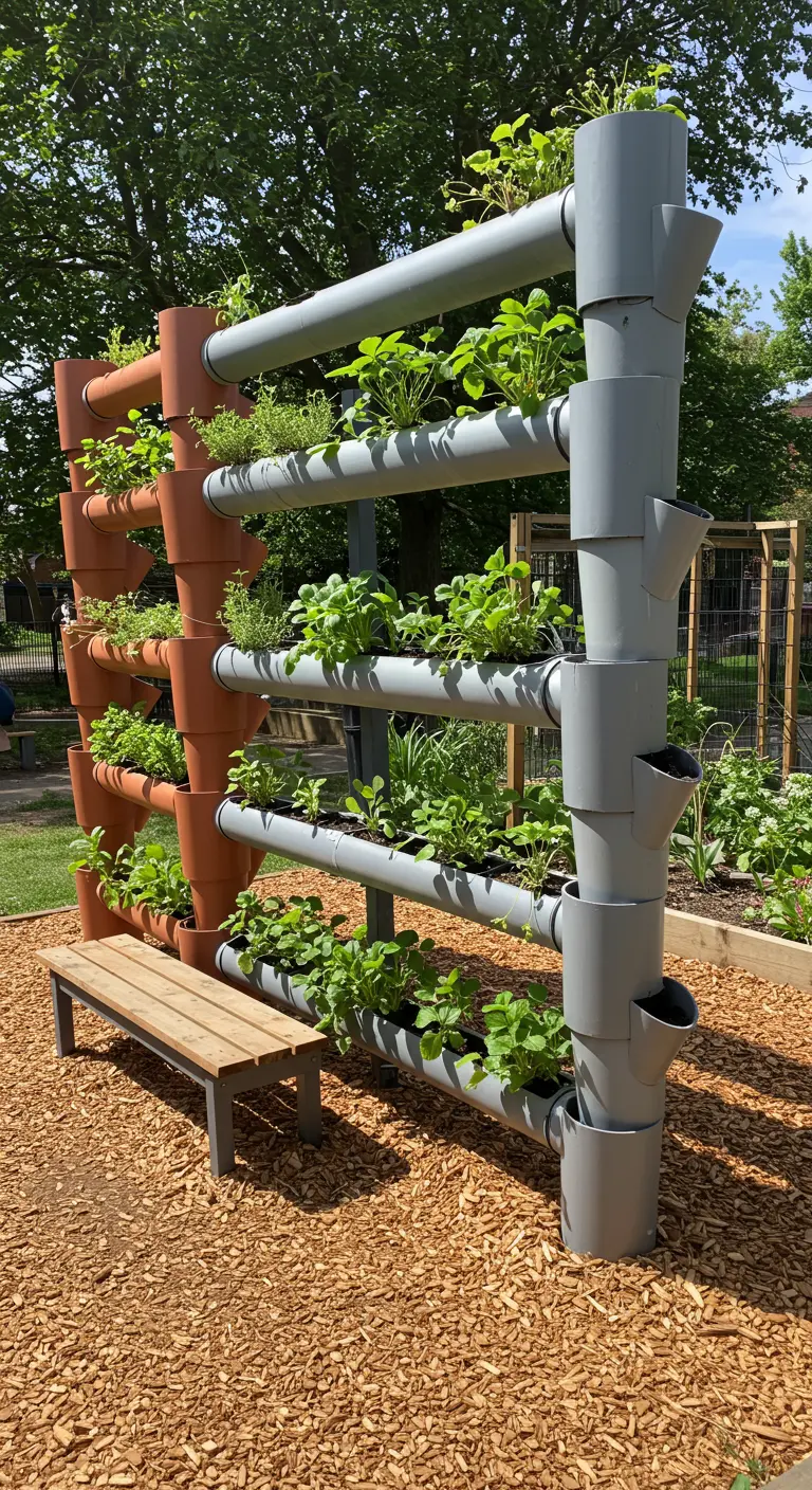 Verticale plantenstructuur gemaakt van PVC-buizen gevuld met diverse planten zoals sla en kruiden.