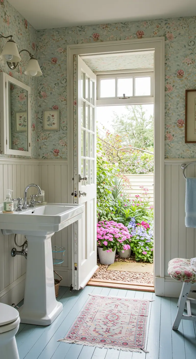 Cottage badkamer met een deur met ruitjes die opent naar een bloeiende tuin.