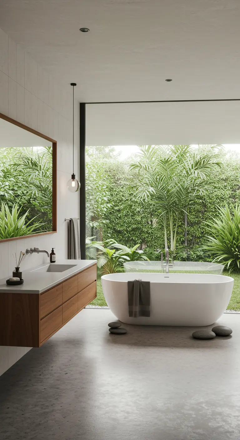 Minimalistische badkamer met groot raam en uitzicht op weelderig groen.