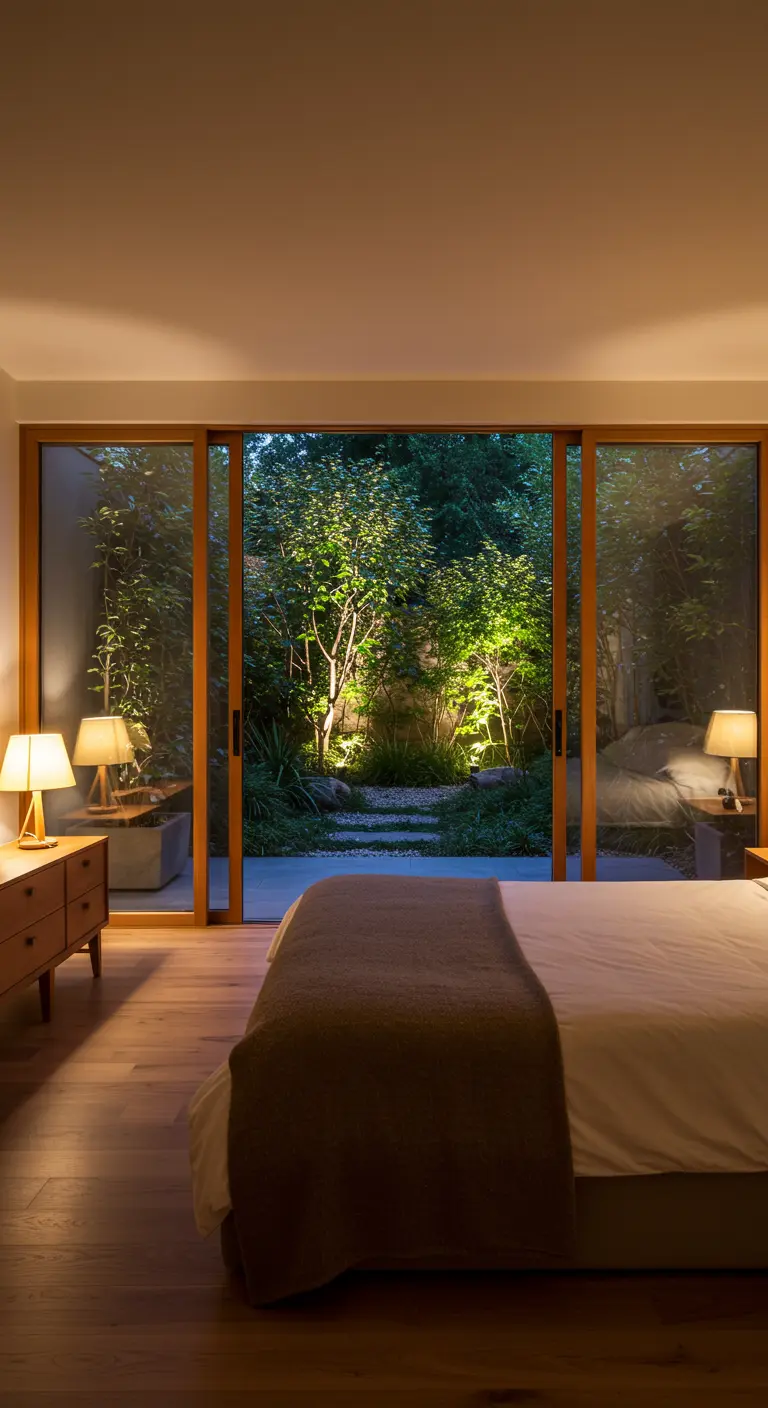 Slaapkamer met uitzicht op een sfeervol verlichte binnentuin.