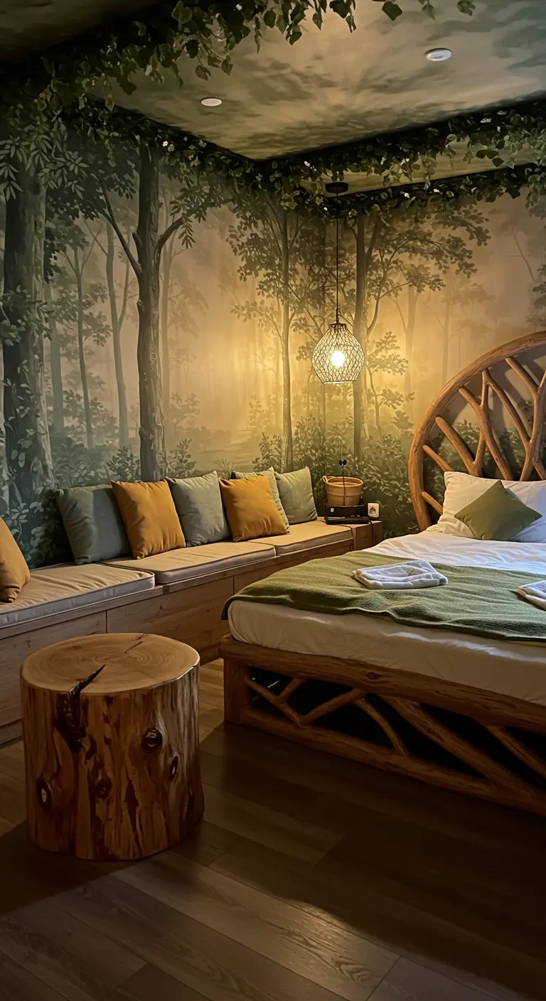 Slaapkamer met een bos muurschildering, houten bed en een boomstam als bijzettafel.