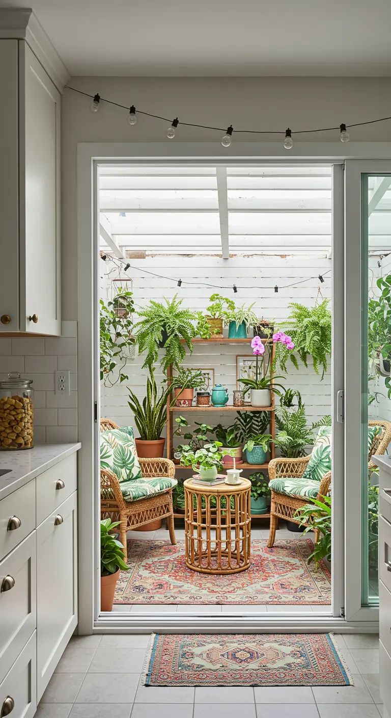 Theehoekje met rotan stoelen en veel planten bij een schuifpui naar de tuin.