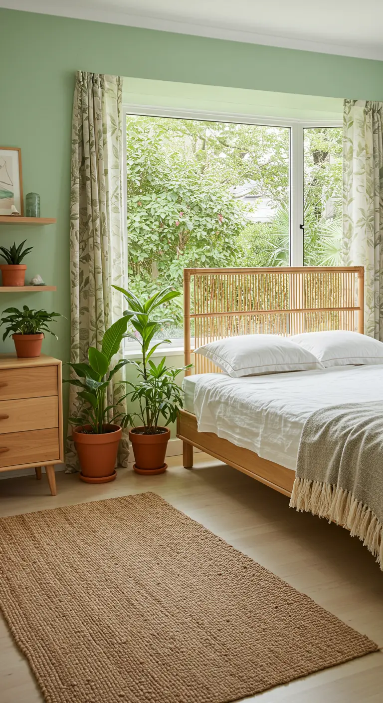 Lichte slaapkamer met veel planten, rotan hoofdbord en uitzicht op de tuin.