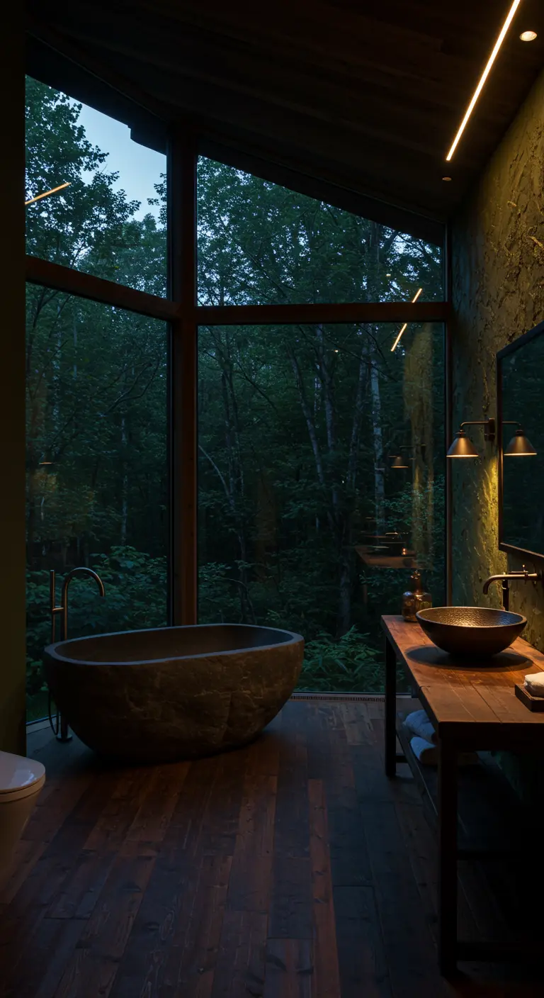 Donkere badkamer met panoramisch raam op bos, stenen bad en houten wastafel.