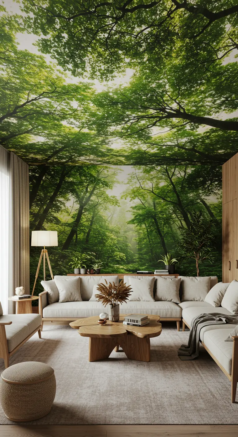 Woonkamer met fotobehang van een groen bladerdak op het plafond en de wanden.