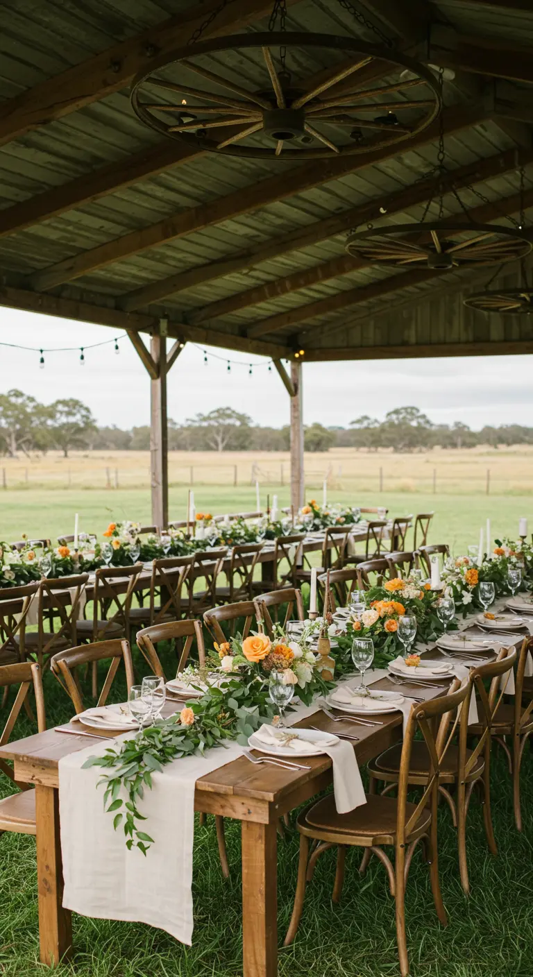 Trouwfeest onder een houten afdak met houten tafels, oranje bloemen en linnen lopers.