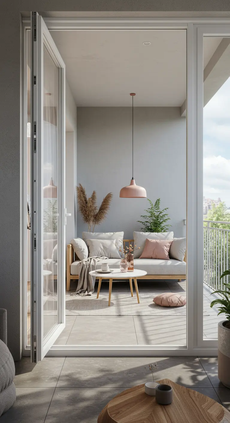 Balkon gezien vanuit woonkamer, met lichte bank, ronde tafel en zachte kleuren.