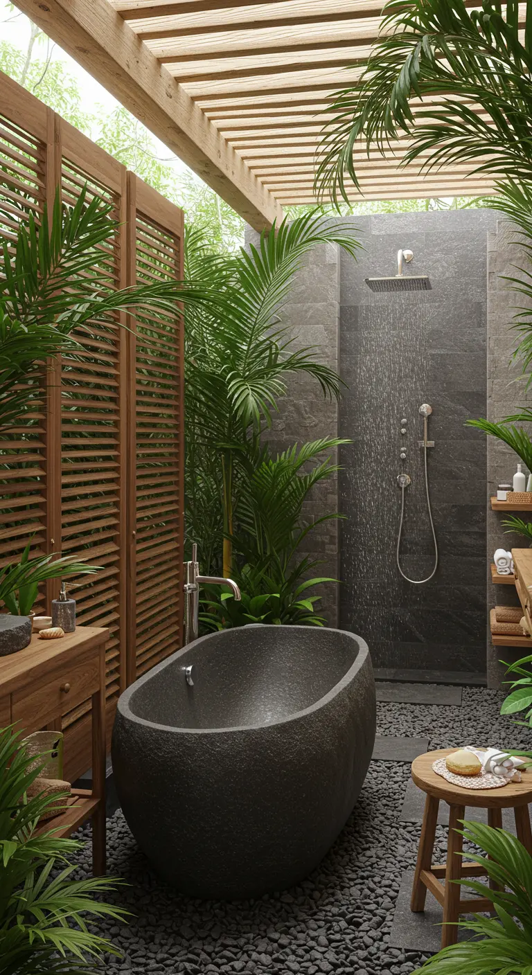Tropische badkamer met bamboe, stenen bad, kiezelvloer en veel planten.