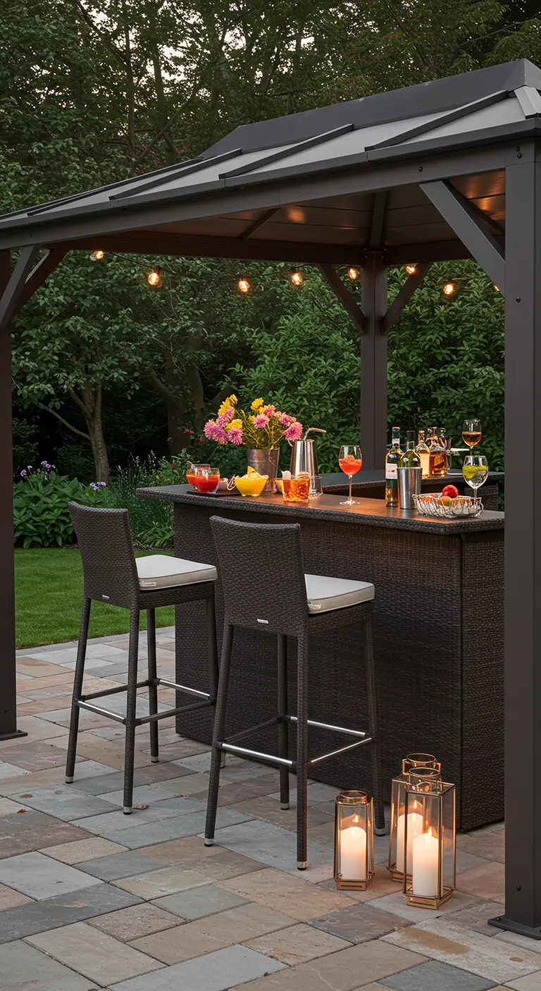 Donkere polyrotan bartafel met krukken en sfeerverlichting onder een tuinpaviljoen.