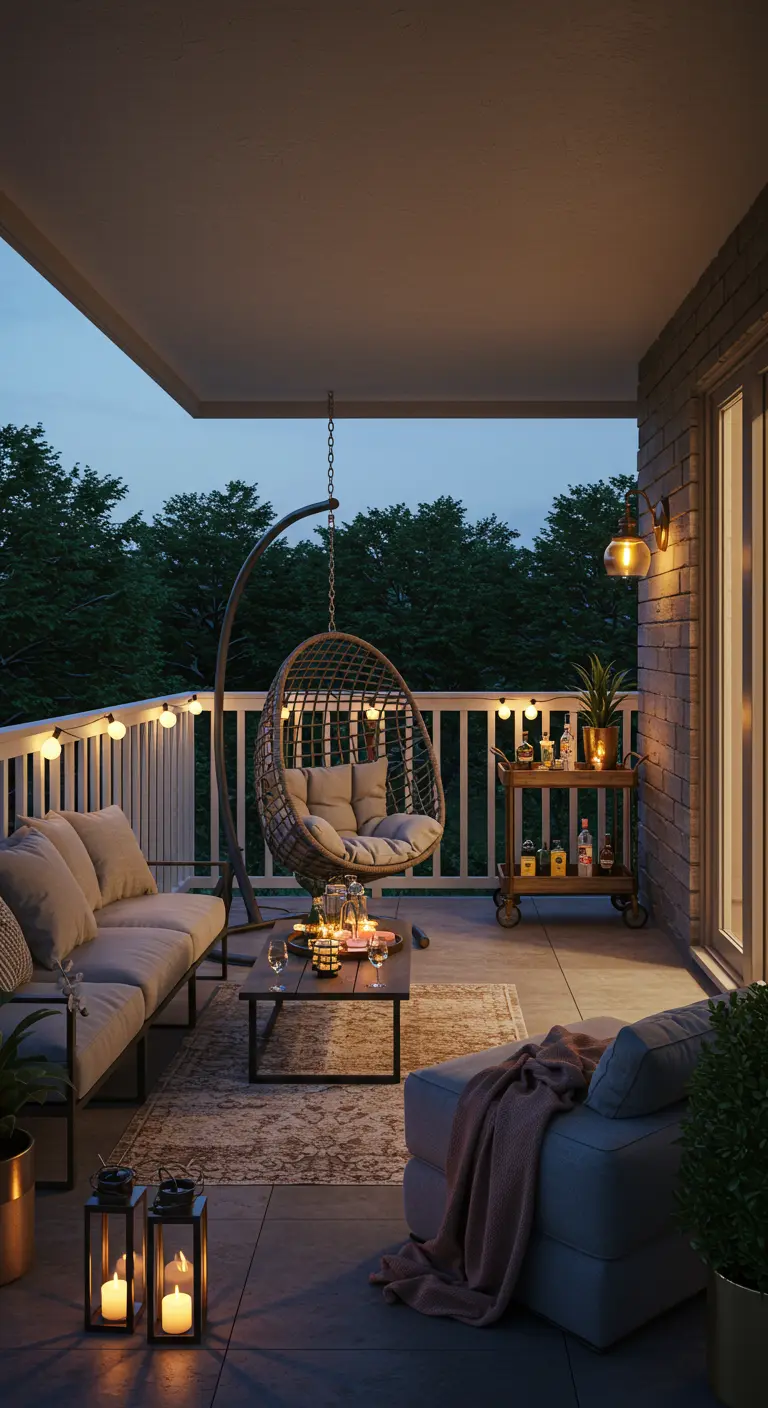 Sfeervol balkon 32 met hangstoel, loungebank en buitentrolley met drankjes