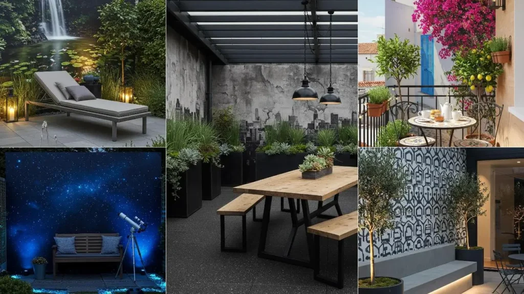Diverse buitenruimtes met sfeervol buitenbehang en wanddecoratie als eyecatcher.