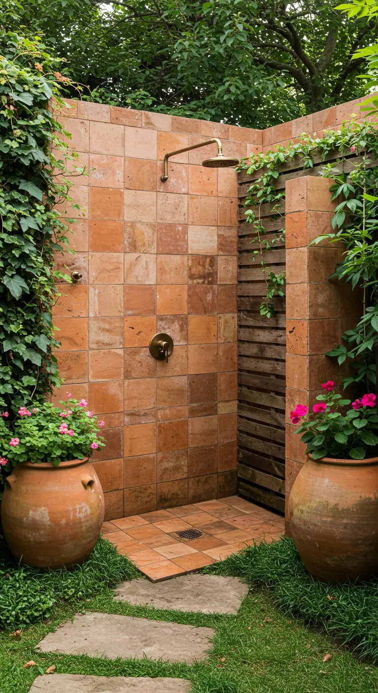 Buitendouche met terracotta tegels, klimop, houten lamellen en bloempotten.